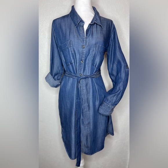 Soft Surroundings Button Down Shirt Dress Blue Tencel Chambray Preppy Casual PM - Picture 1 of 9